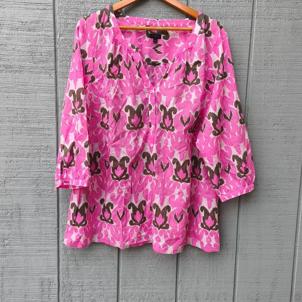 Talbots Medallion 100% Cotton Popover Top sz 2X Green Pink Coastal Resort Beach